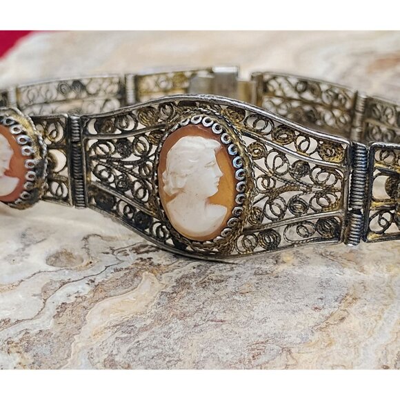 Antique Victorian 800 Silver Filigree Mother of Pearl MOP Cameo Bracelet - Picture 2 of 13